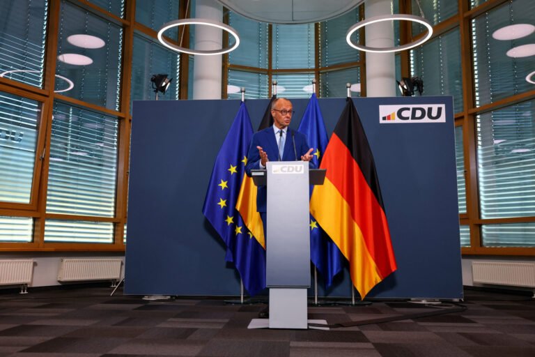German Chancellor Friedrich Merz gives a statement at the CDU headquarters in Berlin