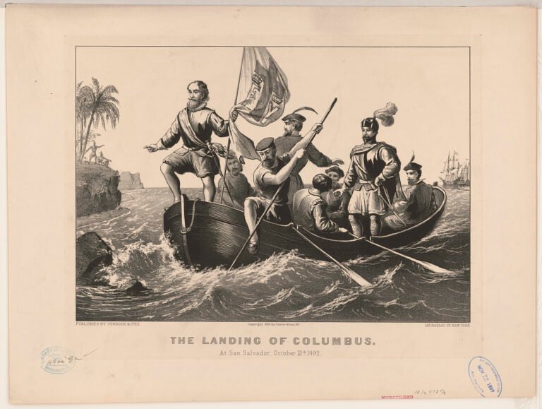 Litografía histórica de Currier & Ives de 1876 que representa el desembarco de Cristóbal Colón en San Salvador en 1492