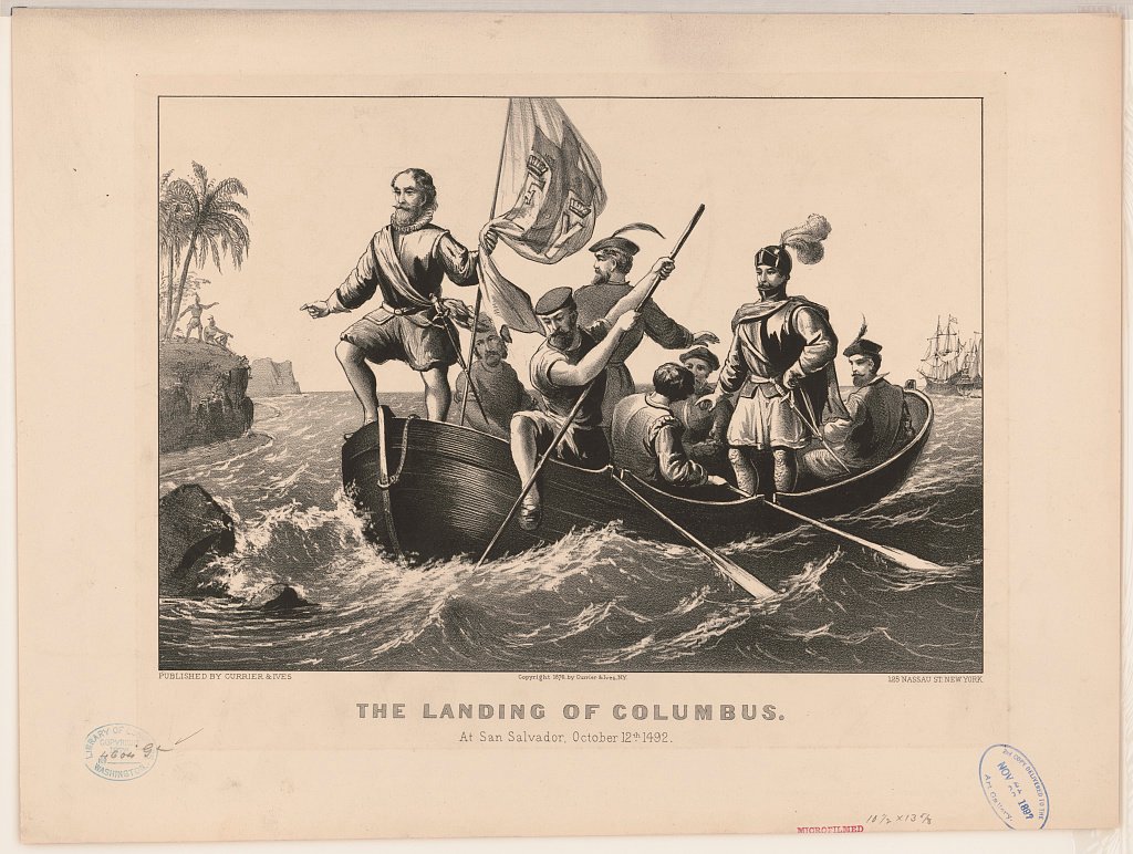 Litografía histórica de Currier & Ives de 1876 que representa el desembarco de Cristóbal Colón en San Salvador en 1492